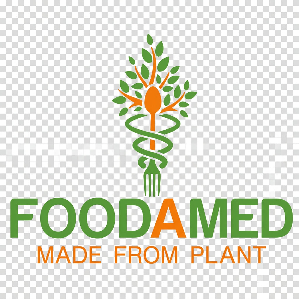 A logo featuring a stylized plant made from a green spiral and orange carrot, above the words 'FOODAMED' in green and 'MADE FROM PLANT' in orange on a white background.